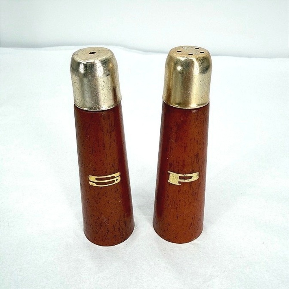 Salt and Pepper Shakers Faux Wood VTG Gold Tone MCM Retro Slim Table Decor